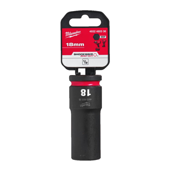 Milwaukee  Hex SHOCKWAVE™ socket 1/2" deep impact 18mm-1pc 4932480336 2